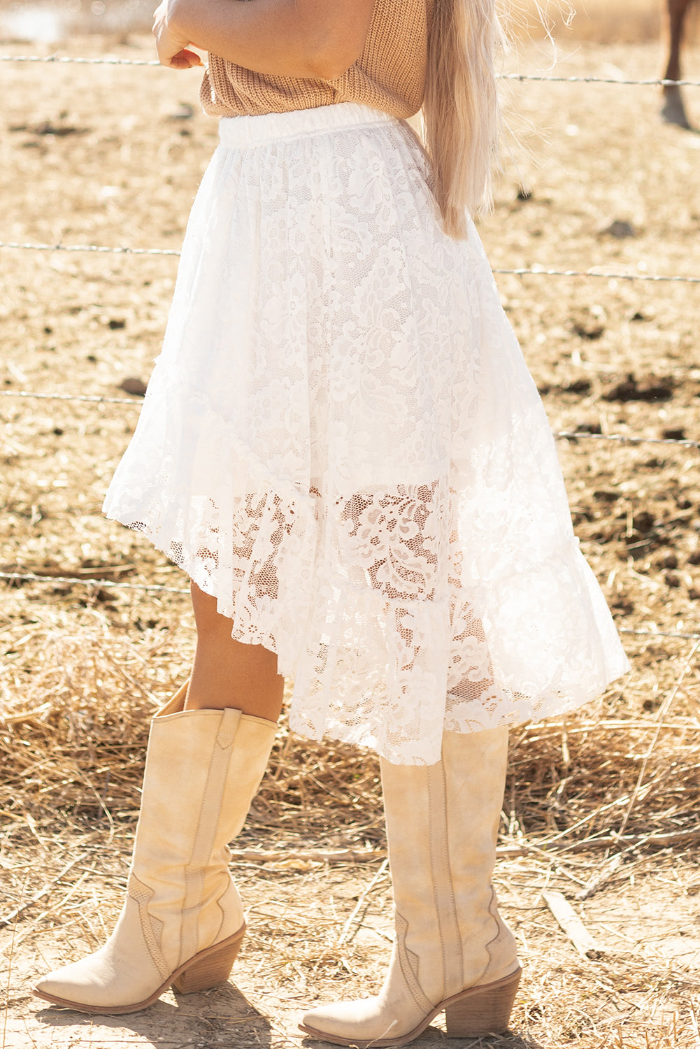 White Lace Ruffled High-low Hem Midi Skirt-Bottoms/Skirts & Petticoat-[Adult]-[Female]-2022 Online Blue Zone Planet