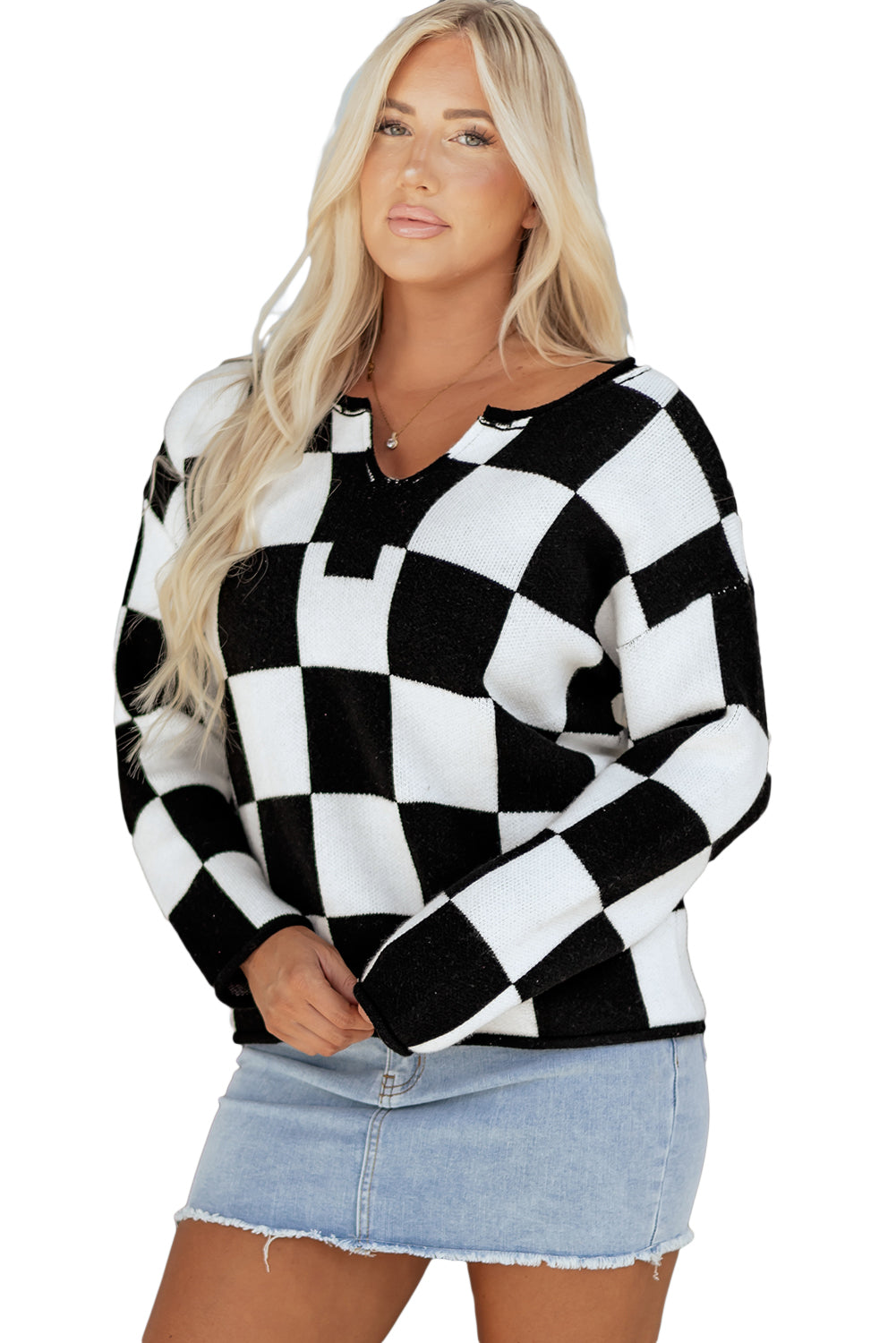 Black Checked Notched Neckline Drop Shoulder Knit Sweater-TOPS / DRESSES-[Adult]-[Female]-2022 Online Blue Zone Planet