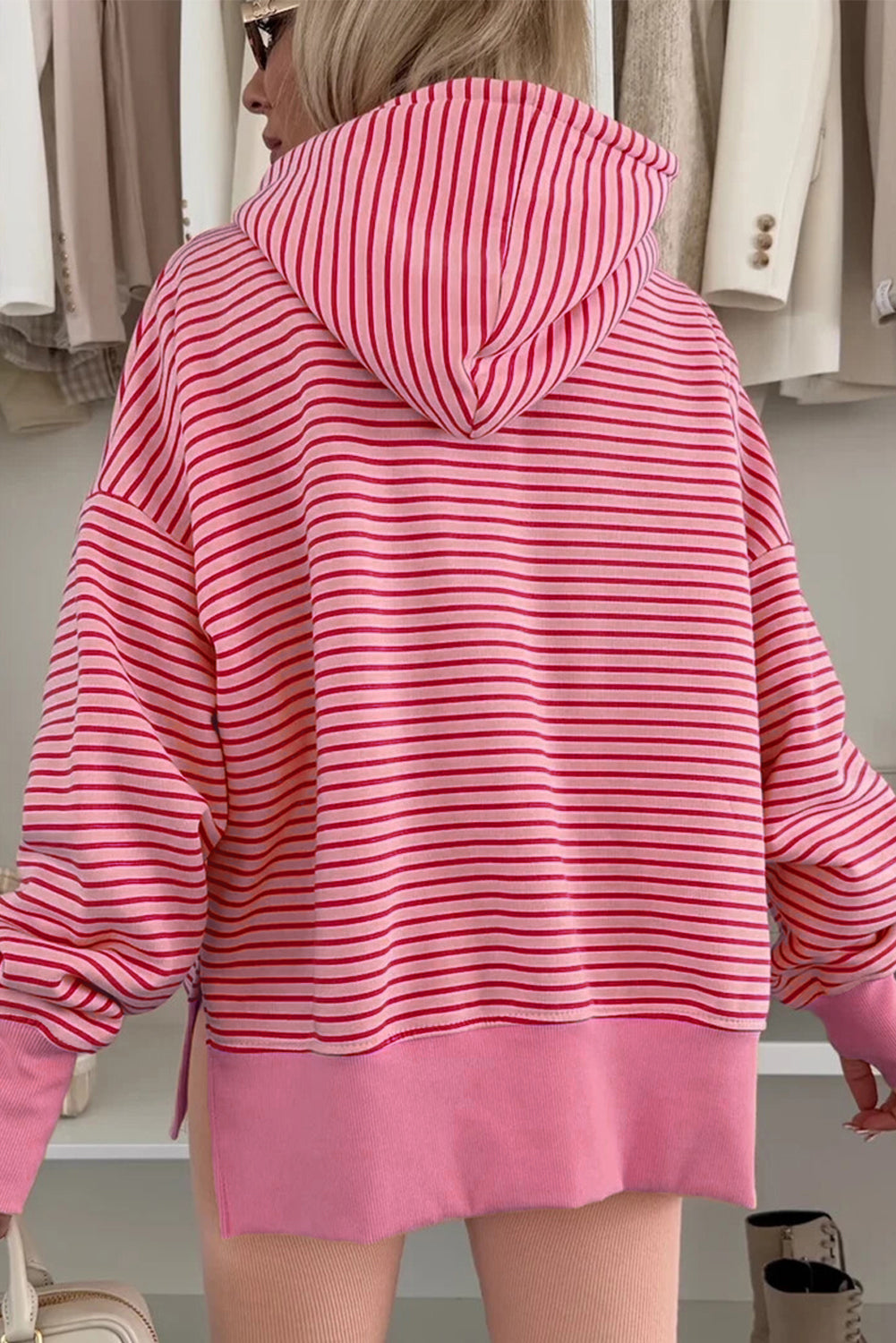 Rose Stripe Thumbhole Side Slits Drop Shoulder Loose Fit Hoodie-Tops / Dresses-[Adult]-[Female]-2022 Online Blue Zone Planet
