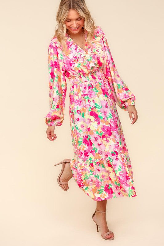 Haptics Full Size Floral Surplice Balloon Sleeve Dress with Side Pockets-TOPS / DRESSES-[Adult]-[Female]-2022 Online Blue Zone Planet