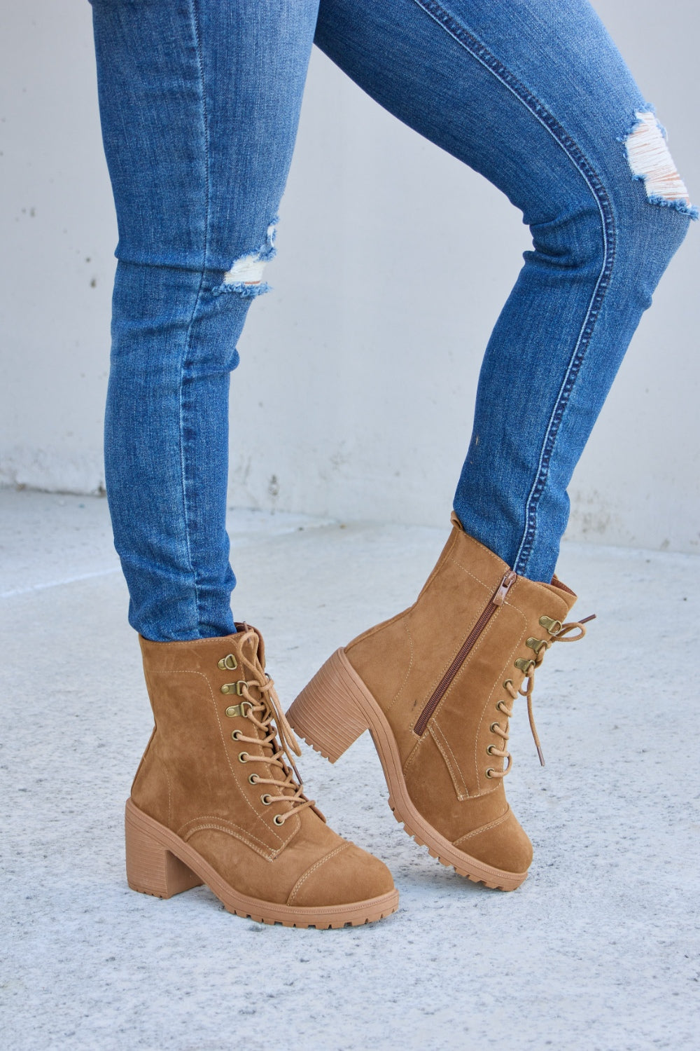 Forever Link Lace-Up Zipper Detail Block Heel Boots-BOOTS-[Adult]-[Female]-TAN-5.5-2022 Online Blue Zone Planet