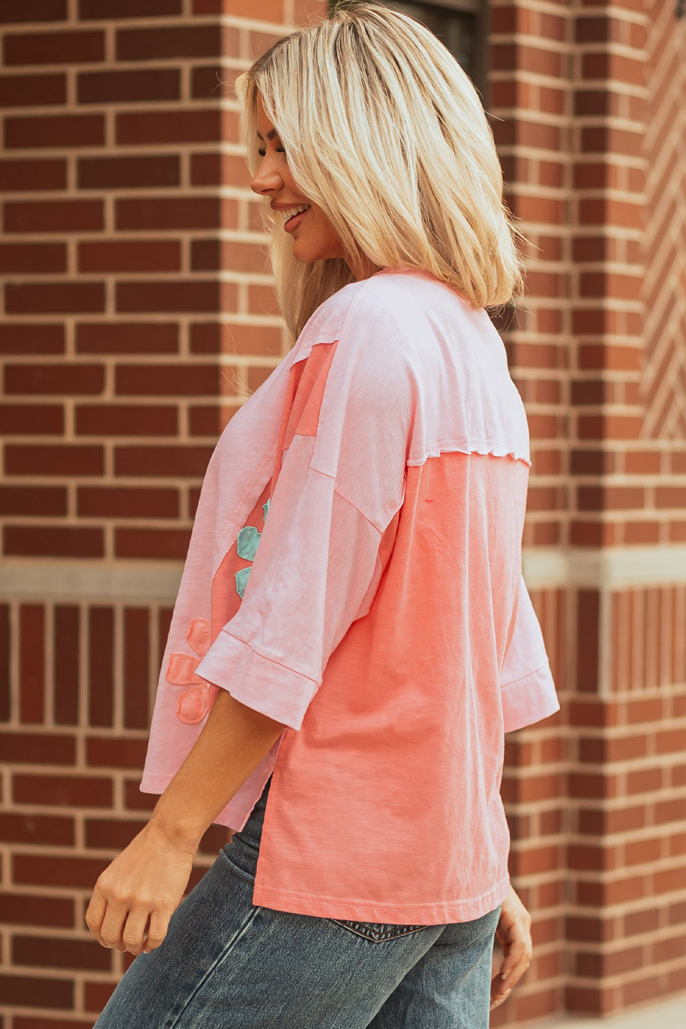 Pink Flower Patched Exposed Seam Bracelet Sleeve Oversized T Shirt-Bracelet-[Adult]-[Female]-2022 Online Blue Zone Planet