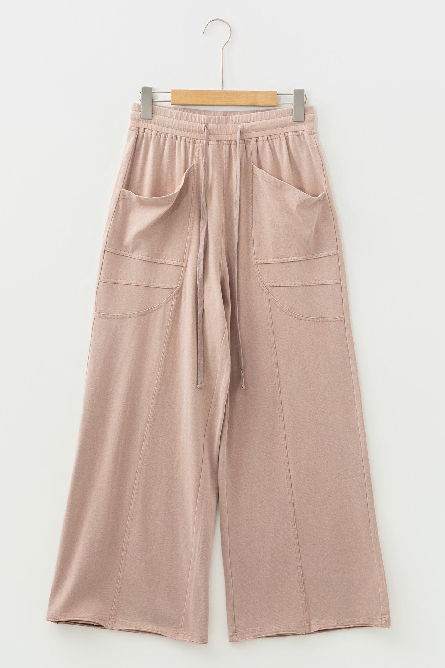 Smoke Gray Solid Color Mineral Wash Piping Trim Pocketed Wide Leg Pants-Bottoms/Pants & Culotte-[Adult]-[Female]-2022 Online Blue Zone Planet
