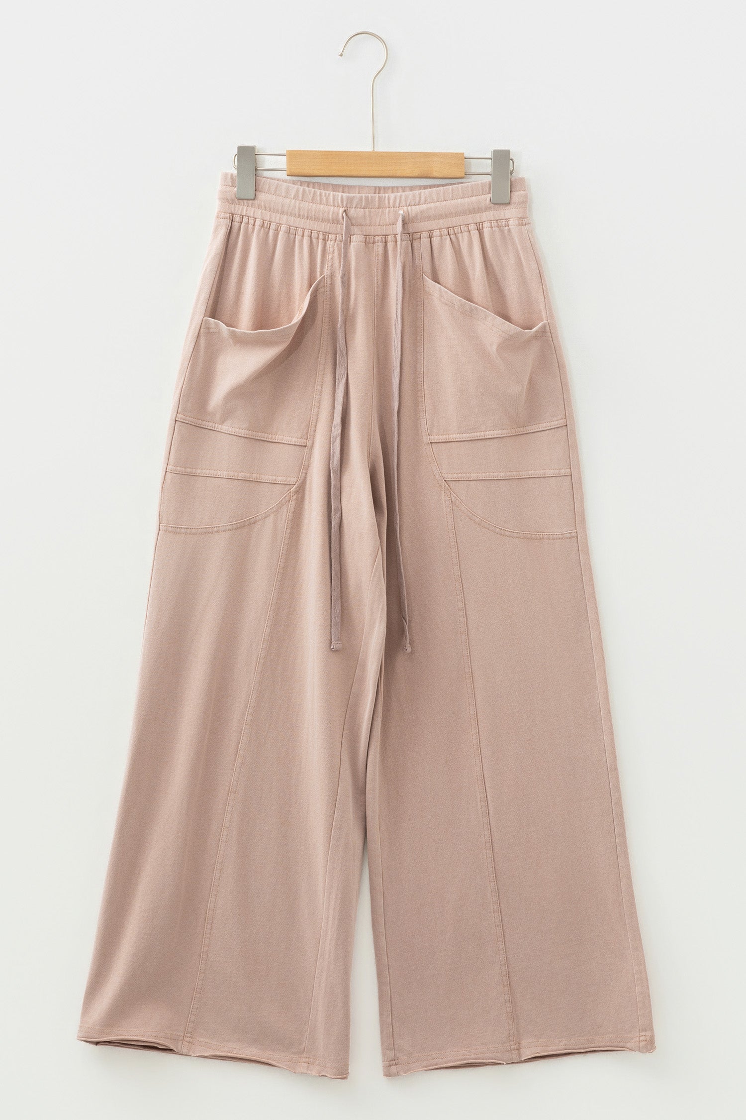 Smoke Gray Solid Color Mineral Wash Piping Trim Pocketed Wide Leg Pants-Bottoms/Pants & Culotte-[Adult]-[Female]-2022 Online Blue Zone Planet