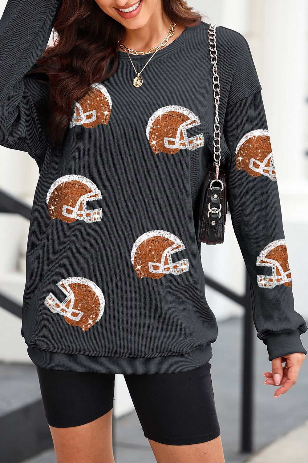 Sequin Helmet Round Neck Long Sleeve Sweatshirt-TOPS / DRESSES-[Adult]-[Female]-2022 Online Blue Zone Planet