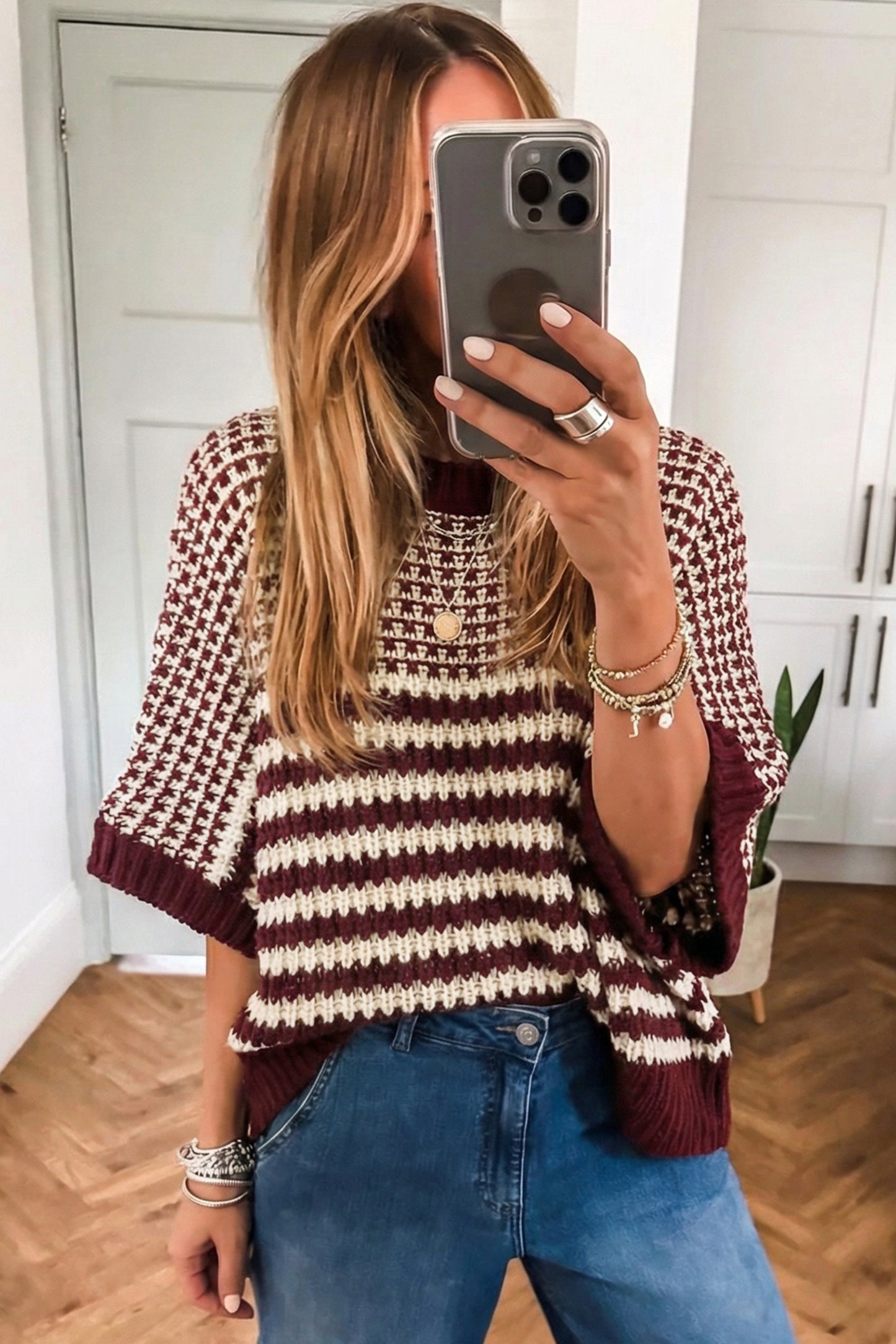Red 3/4 Draped Sleeve Slouchy Sweater-Sweaters & Cardigans/Short Sleeve Sweaters-[Adult]-[Female]-2022 Online Blue Zone Planet