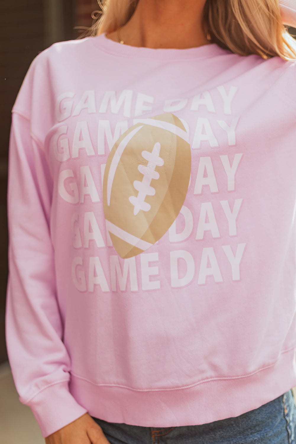 Pink Game Day Football Rugby Print Casual Sweatshirt-Tops/Sweatshirts & Hoodies-[Adult]-[Female]-2022 Online Blue Zone Planet