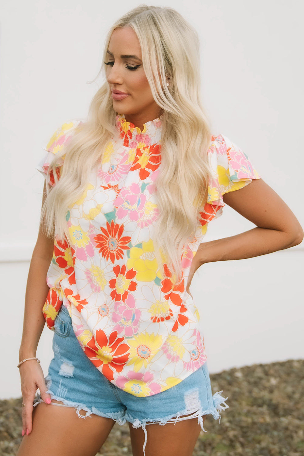 Multicolor Stand Collar Flutter Sleeves Floral Top-Sale (50% OFF)/30% OFF-[Adult]-[Female]-2022 Online Blue Zone Planet
