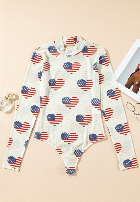 US Flag Heart Mock Neck Long Sleeve Bodysuit-TOPS / DRESSES-[Adult]-[Female]-2022 Online Blue Zone Planet