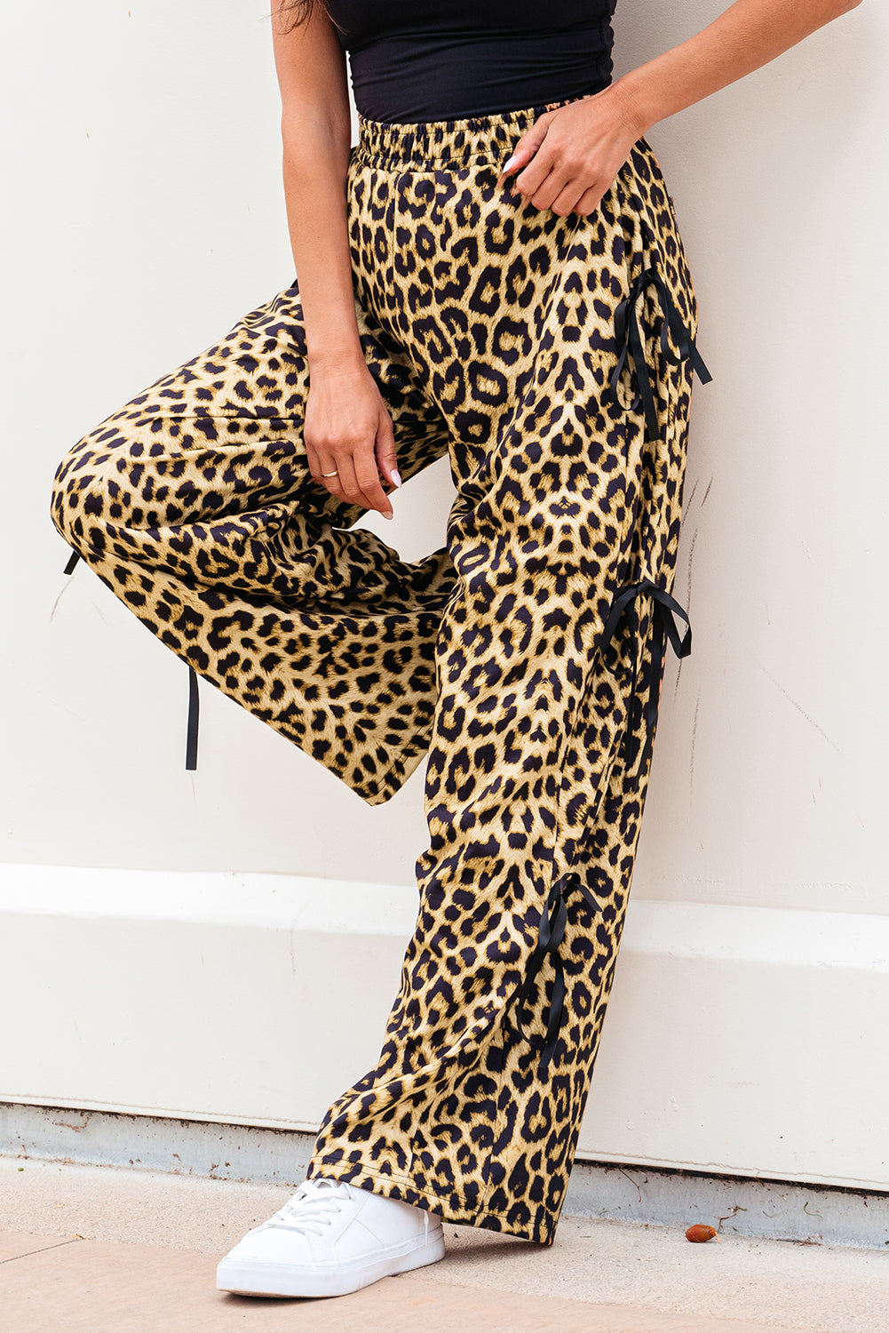 Brown Leopard Print Bow Tie Drawstring Elastic Waist Loose High Waist Pants-Bottoms/Pants & Culotte-[Adult]-[Female]-2022 Online Blue Zone Planet