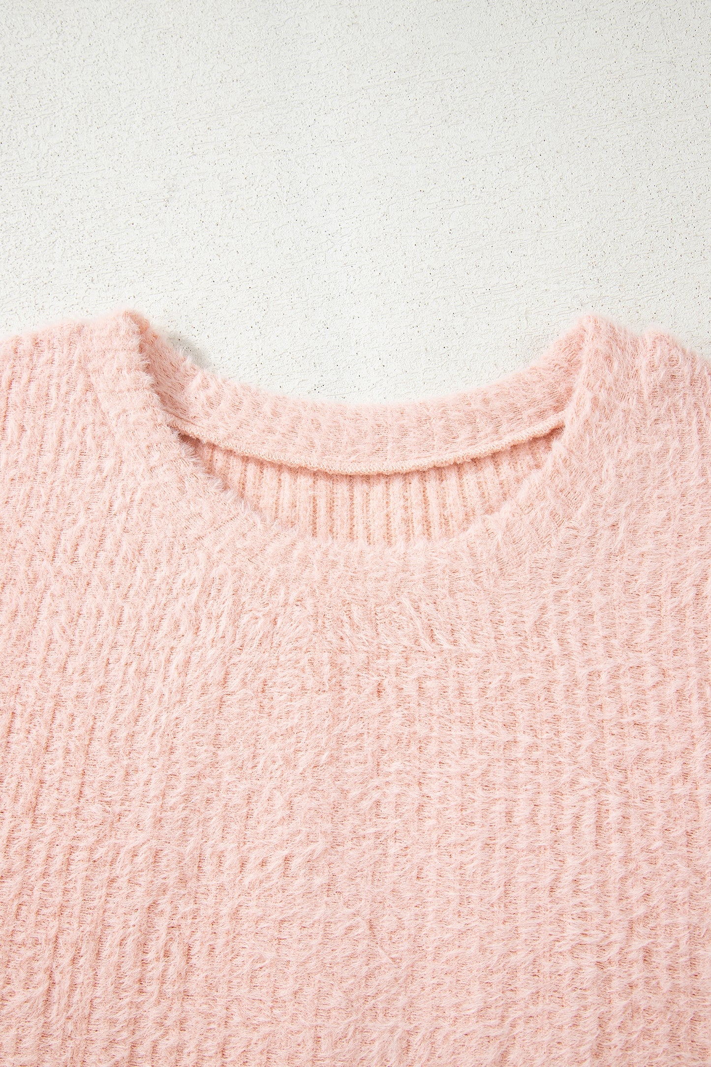 Light Pink Fuzzy Ribbed Texture Round Neck Long Sleeve Top-Tops/Long Sleeve Tops-[Adult]-[Female]-2022 Online Blue Zone Planet