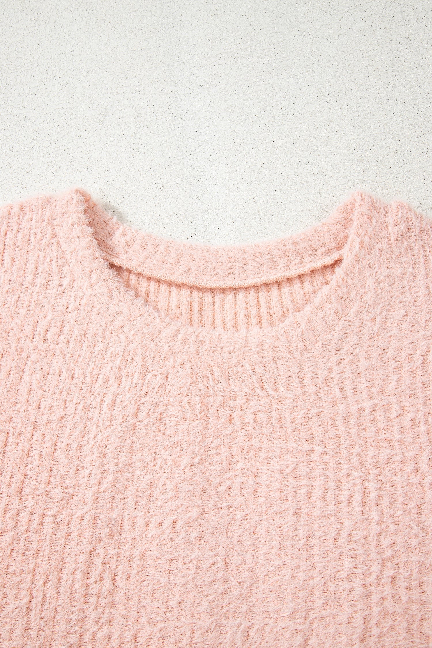 Light Pink Fuzzy Ribbed Texture Round Neck Long Sleeve Top-Tops/Long Sleeve Tops-[Adult]-[Female]-2022 Online Blue Zone Planet