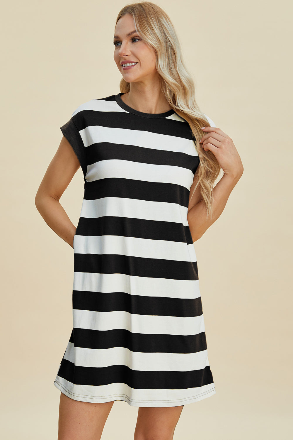 Basic Bae Full Size Striped Round Neck Cap Sleeve Mini Dress-TOPS / DRESSES-[Adult]-[Female]-2022 Online Blue Zone Planet