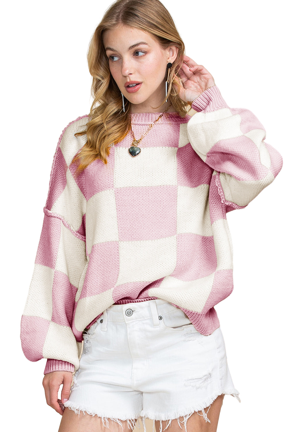 Blue Zone Planet | Pink Checked Bishop Sleeve Pullover Sweater-Sweaters-[Adult]-[Female]-2022 Online Blue Zone Planet