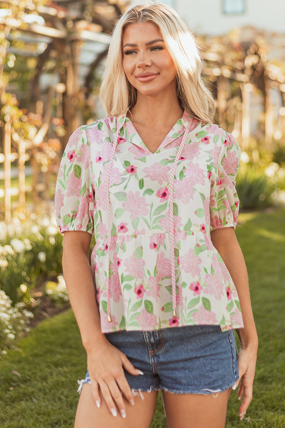 Pink Floral Print Drawstring V Neck Peplum Blouse-Tops/Blouses & Shirts-[Adult]-[Female]-2022 Online Blue Zone Planet