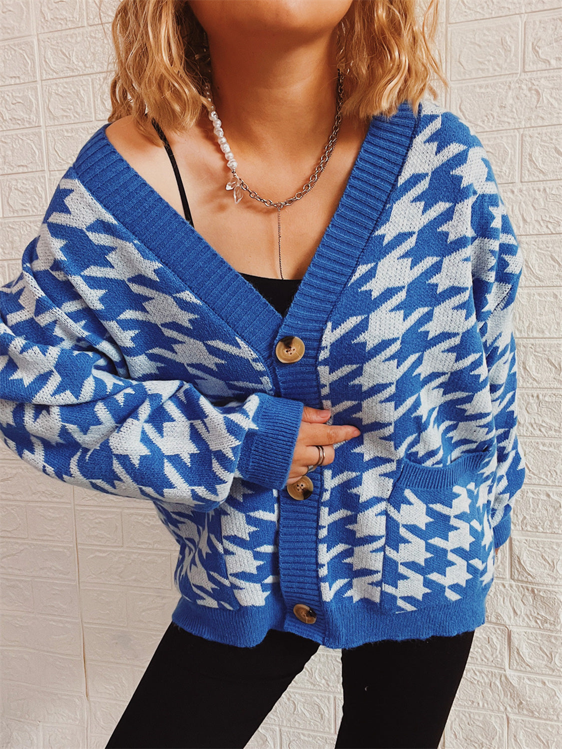 Houndstooth Botton Front Cardigan with Pockets-TOPS / DRESSES-[Adult]-[Female]-2022 Online Blue Zone Planet