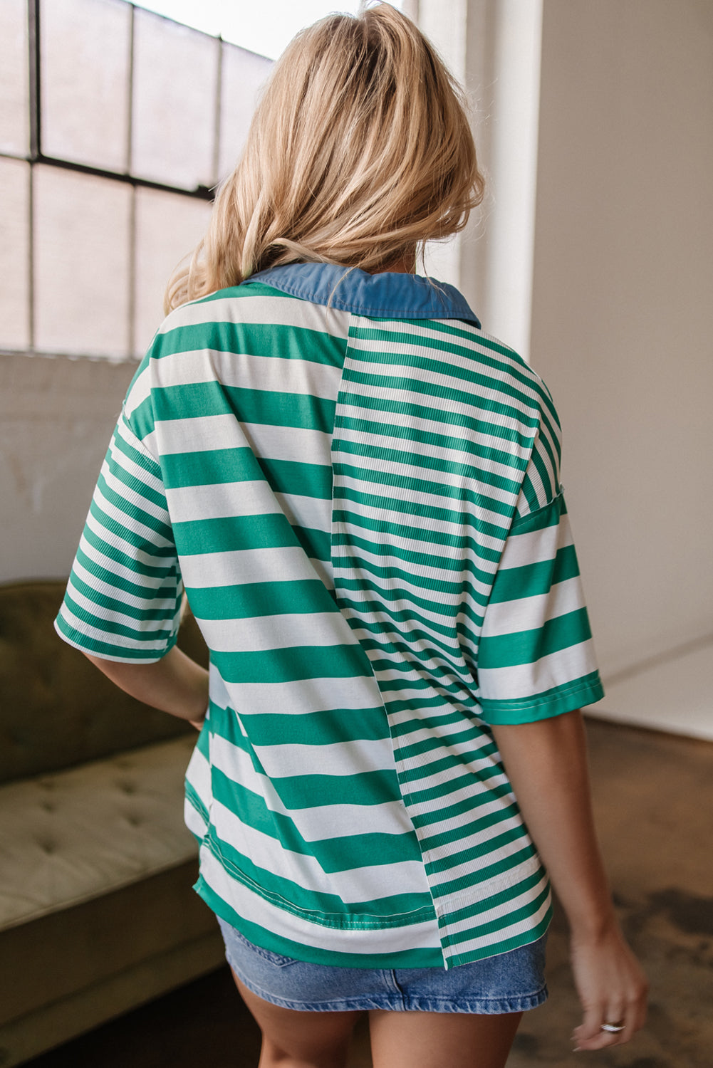 Green Stripe Colorblock Collar Half Buttons T Shirt-Tops/Tops & Tees-[Adult]-[Female]-2022 Online Blue Zone Planet