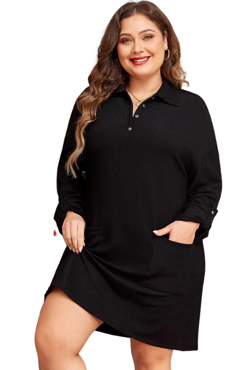 Black Ribbed Knit Buttoned Collared Roll Tab Sleeve Plus Size Mini Dress-Plus Size/Plus Size Dresses-[Adult]-[Female]-2022 Online Blue Zone Planet