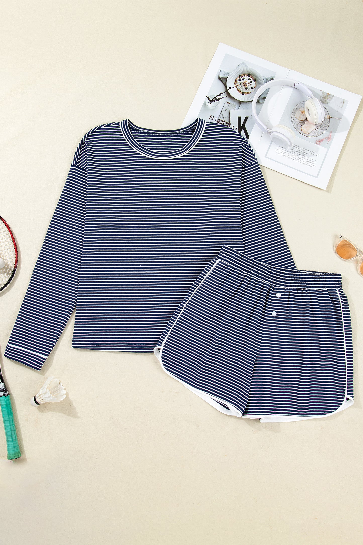 Blue Stripe Drop Shoulder Round Neck Long Sleeve Tee and Buttoned Shorts 2pcs Lounge Set-Loungewear & Sleepwear/Loungewear-[Adult]-[Female]-2022 Online Blue Zone Planet