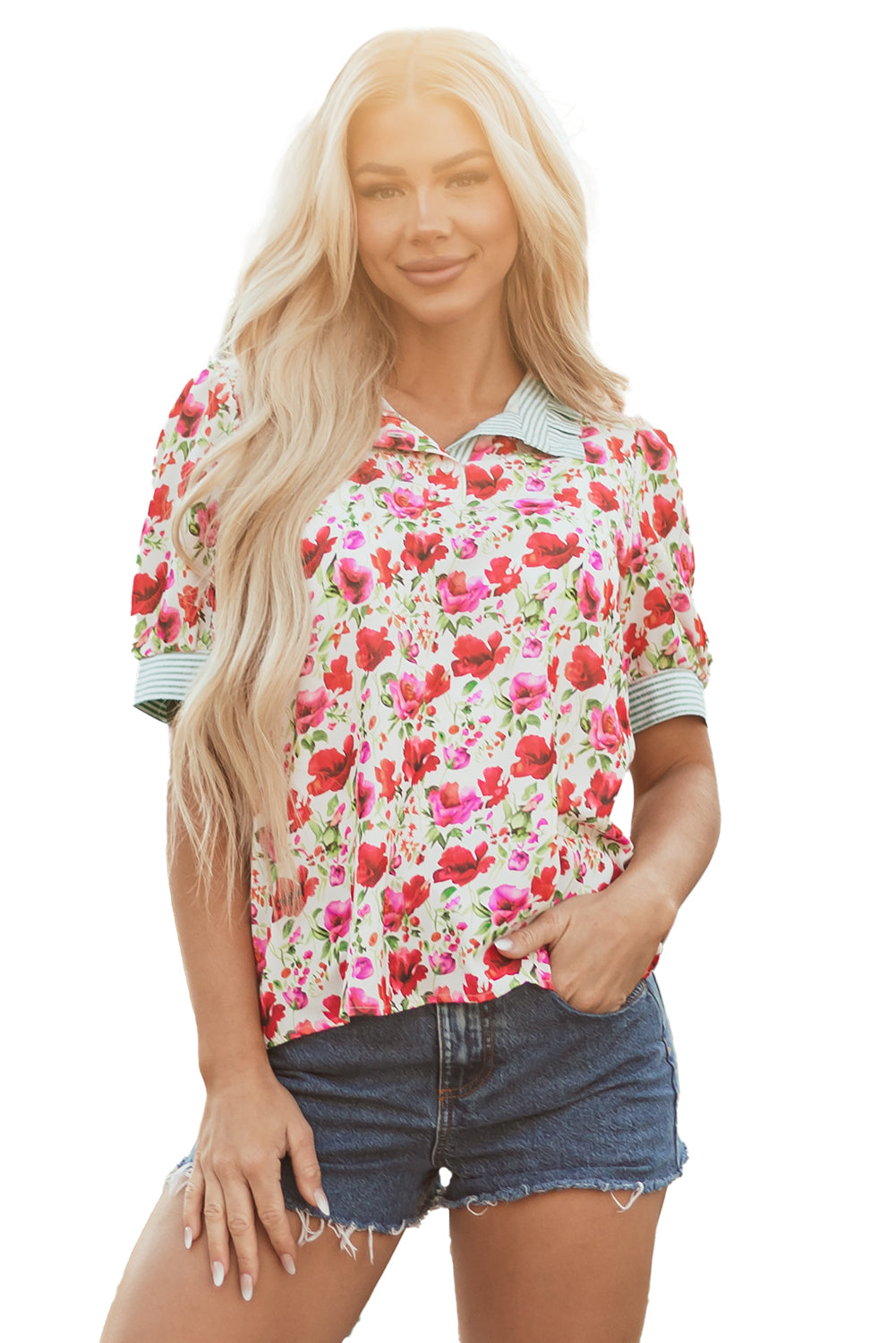 Red Floral Print Striped Patchwork Collared Short Sleeve Blouse-Tops/Blouses & Shirts-[Adult]-[Female]-2022 Online Blue Zone Planet