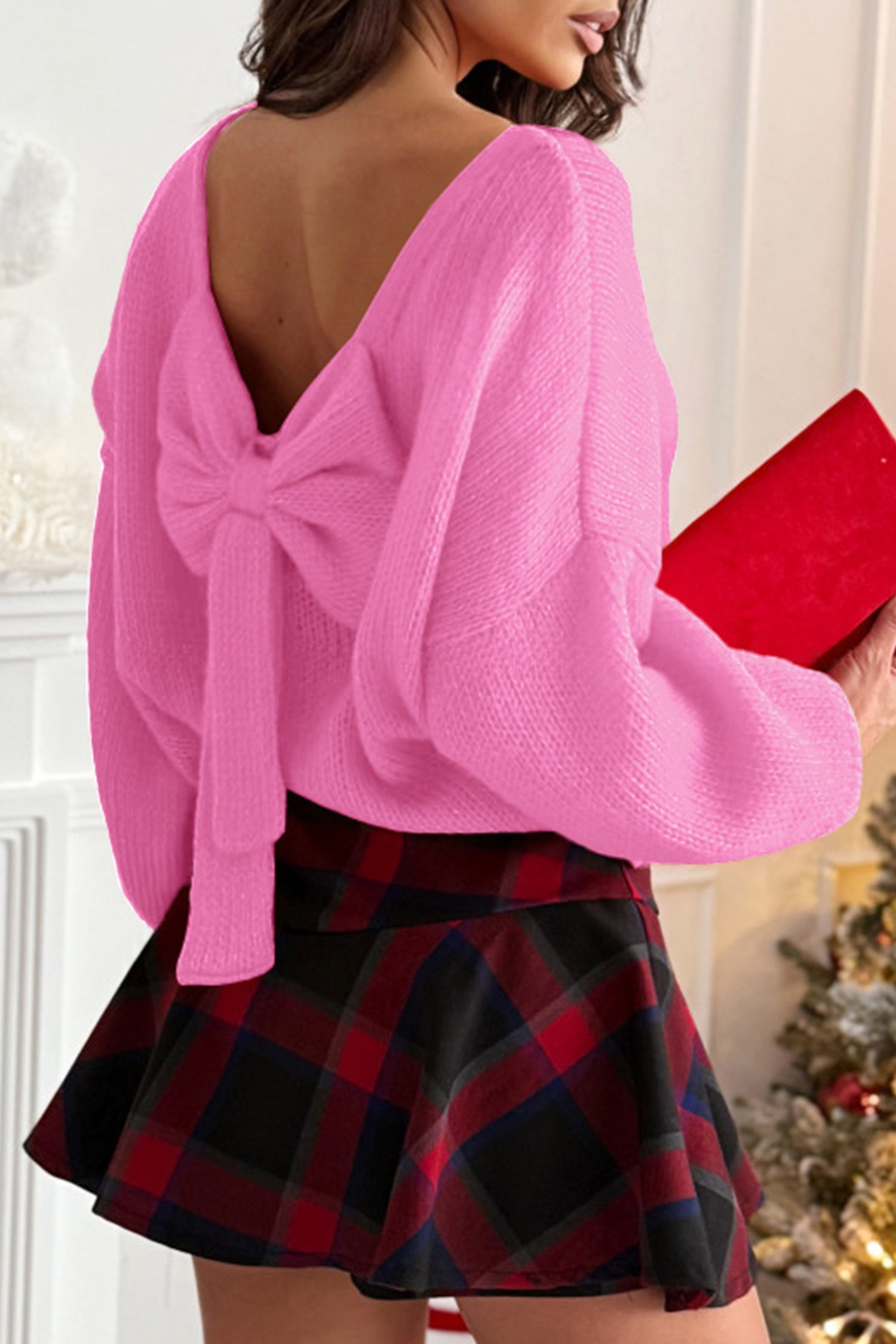 Bonbon Festive Bow Backless Bubble Sleeve Sweater-Sweaters & Cardigans/Sweaters-[Adult]-[Female]-Bonbon-S-2022 Online Blue Zone Planet