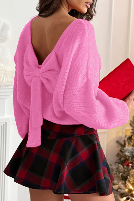 Bonbon Festive Bow Backless Bubble Sleeve Sweater-Sweaters & Cardigans/Sweaters-[Adult]-[Female]-Bonbon-S-2022 Online Blue Zone Planet