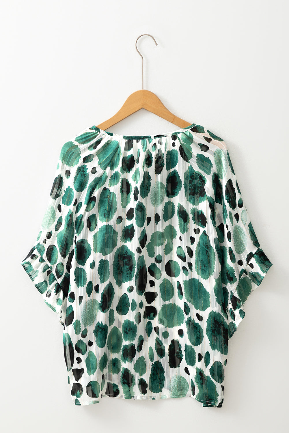 Green Metallic Threading Accents Pleated Abstract Printed Ruffled 3/4 Sleeve Blouse-Tops/Blouses & Shirts-[Adult]-[Female]-2022 Online Blue Zone Planet
