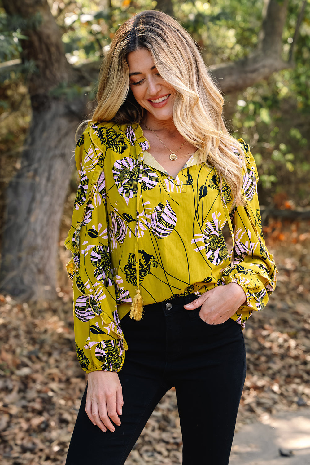 Yellow Vintage Floral V Neck Ruffle Trim Long Sleeve Blouse-Tops/Blouses & Shirts-[Adult]-[Female]-2022 Online Blue Zone Planet