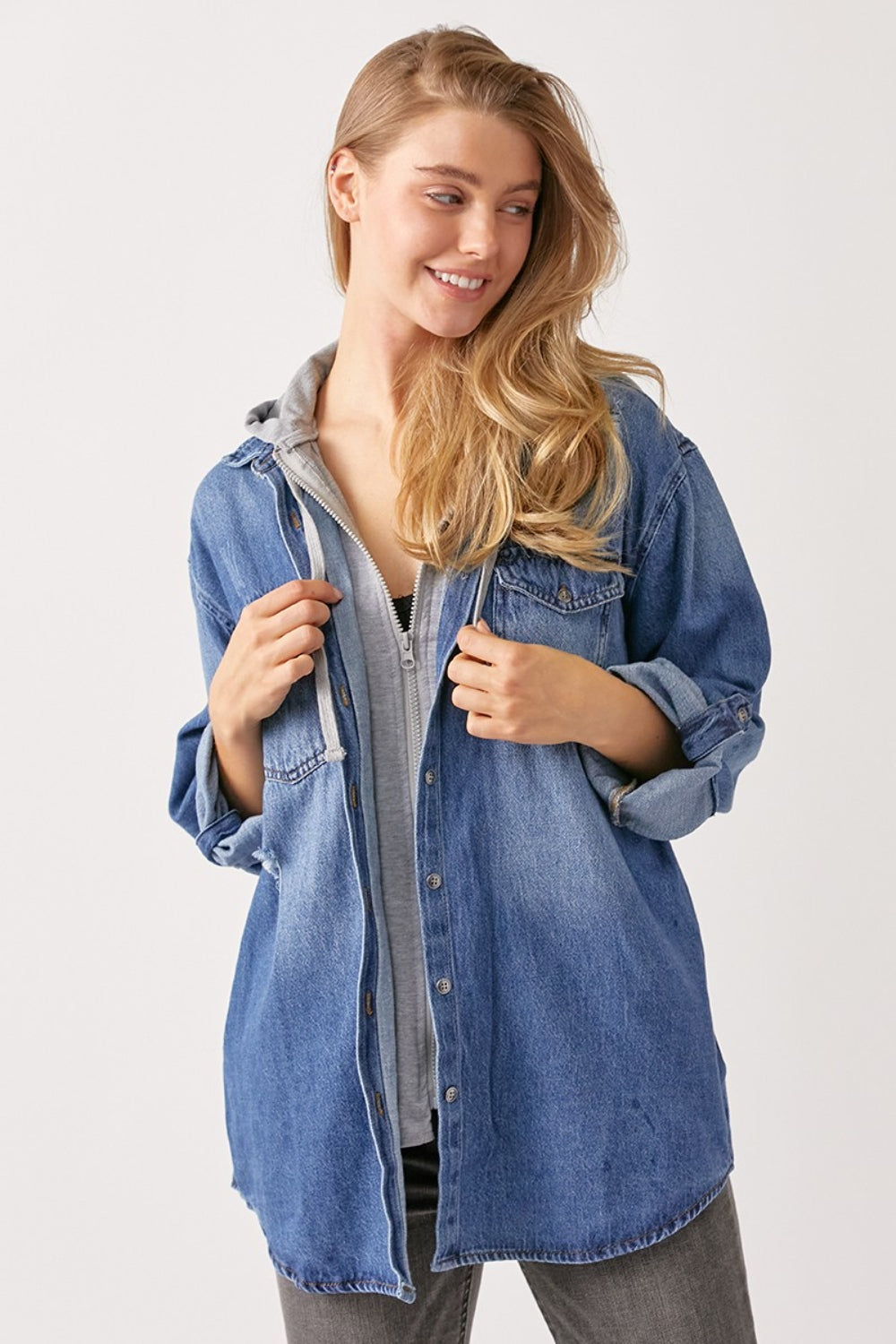 Blue Zone Planet | RISEN Zip Up Hooded Denim Shirt-TOPS / DRESSES-[Adult]-[Female]-2022 Online Blue Zone Planet