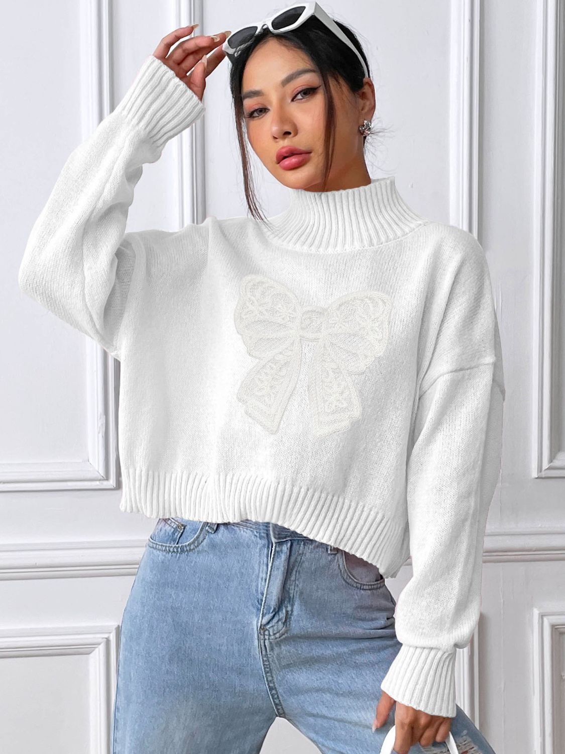 Bow Turtleneck Long Sleeve Sweater-TOPS / DRESSES-[Adult]-[Female]-White-S-2022 Online Blue Zone Planet