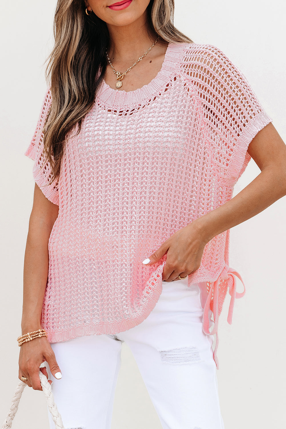 Pink Hollow-Out Crochet Side Tied Short Sleeve Sweater-TOPS / DRESSES-[Adult]-[Female]-2022 Online Blue Zone Planet
