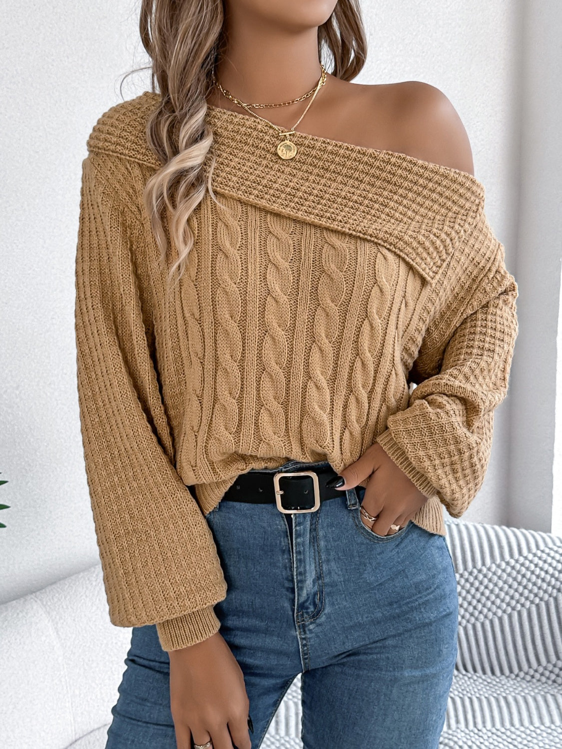 Cable-Knit One Shoulder Long Sleeve Sweater-TOPS / DRESSES-[Adult]-[Female]-2022 Online Blue Zone Planet