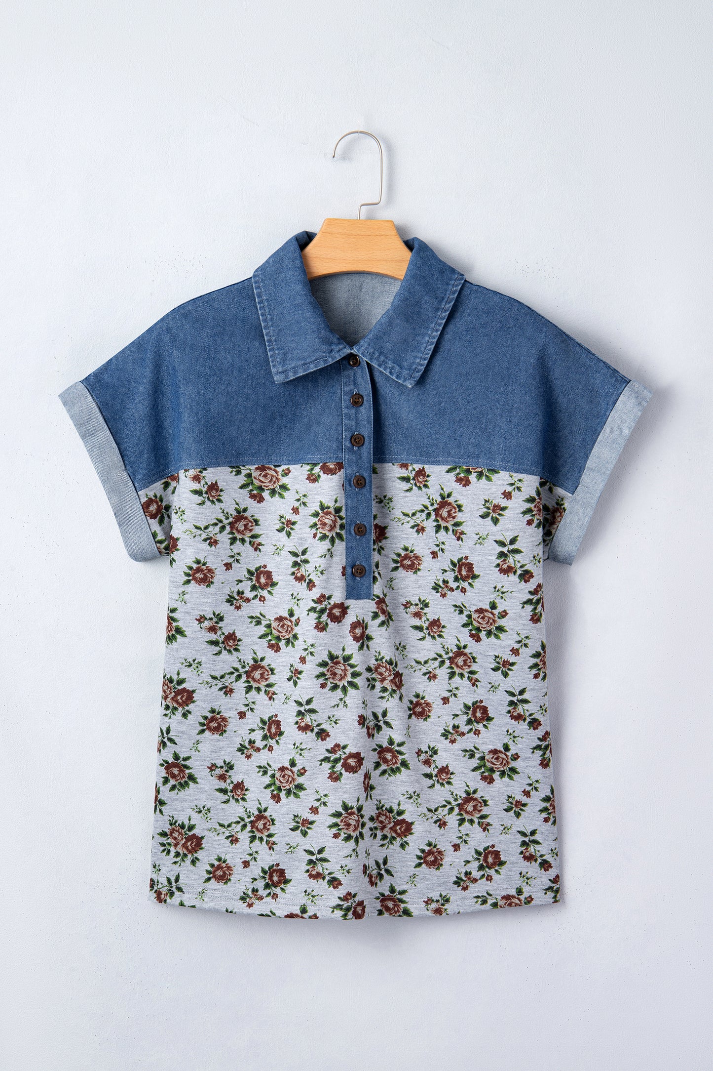 Gray Retro Floral Print Denim Patchwork Buttoned Polo Collar Top-Tops/Blouses & Shirts-[Adult]-[Female]-2022 Online Blue Zone Planet