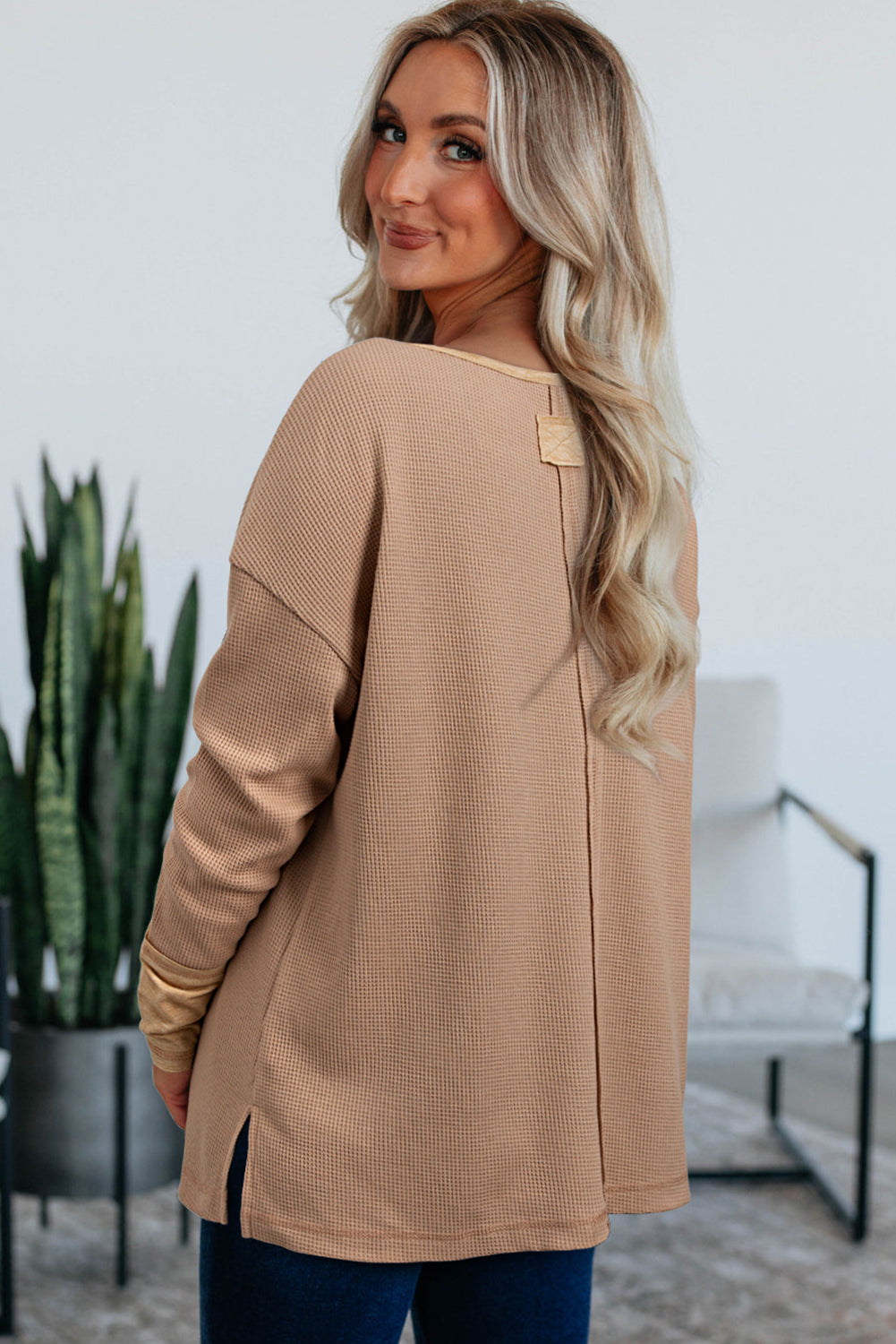 Dark Khaki Color Block Waffle Textured Tunic Henley Top With Slits-Tops/Long Sleeve Tops-[Adult]-[Female]-2022 Online Blue Zone Planet