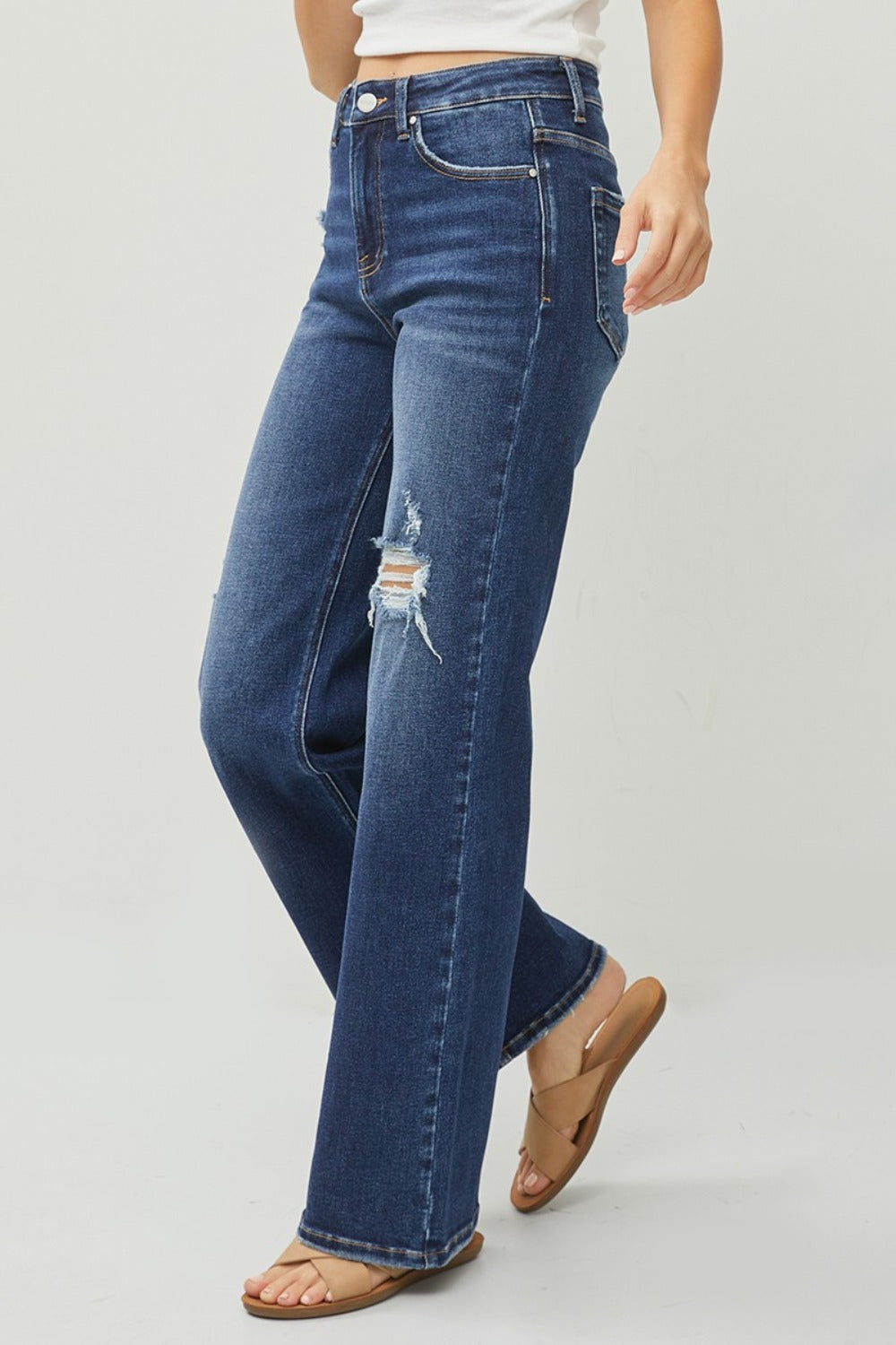 RISEN Full Size High Rise Distressed Wide Leg Jeans-BOTTOMS SIZES SMALL MEDIUM LARGE-[Adult]-[Female]-2022 Online Blue Zone Planet