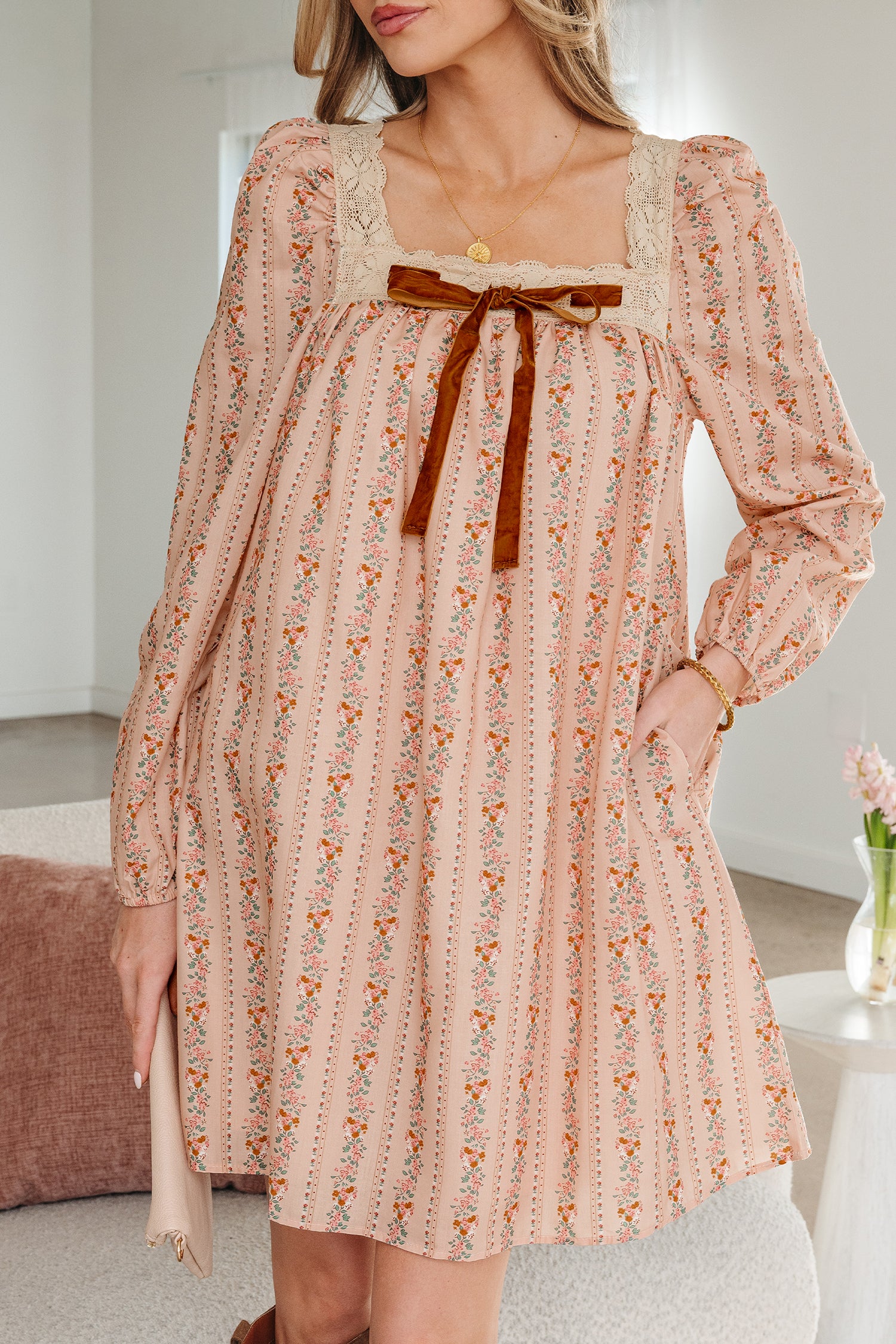 Khaki Floral Print Contrast Velvet Bow Lace Patchwork Long Sleeve Loose Mini Dress-TOPS / DRESSES-[Adult]-[Female]-2022 Online Blue Zone Planet