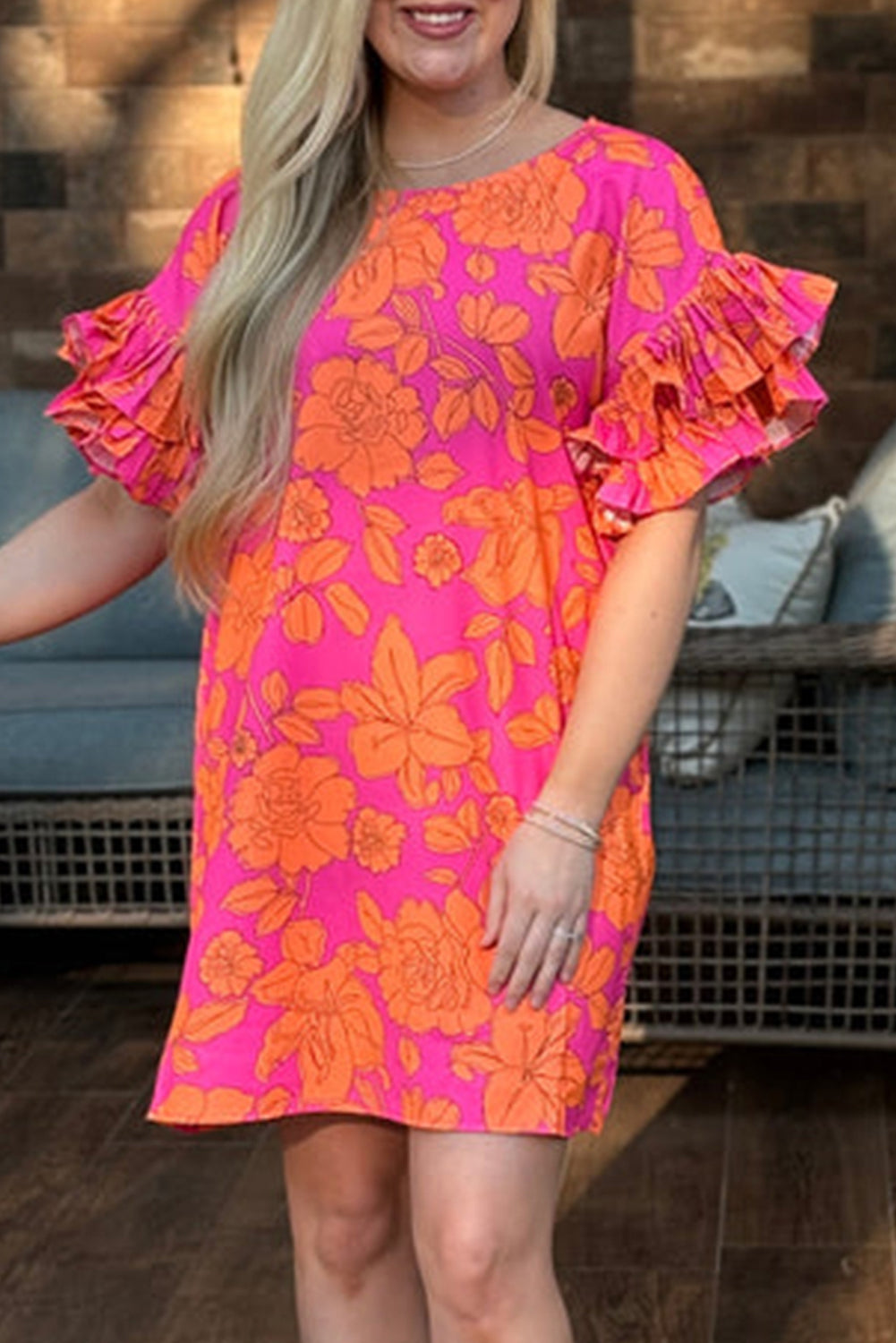 Kim's Pink Floral Loose Layered Ruffle Sleeve Mini Dress-TOPS / DRESSES-[Adult]-[Female]-Pink-L-2022 Online Blue Zone Planet