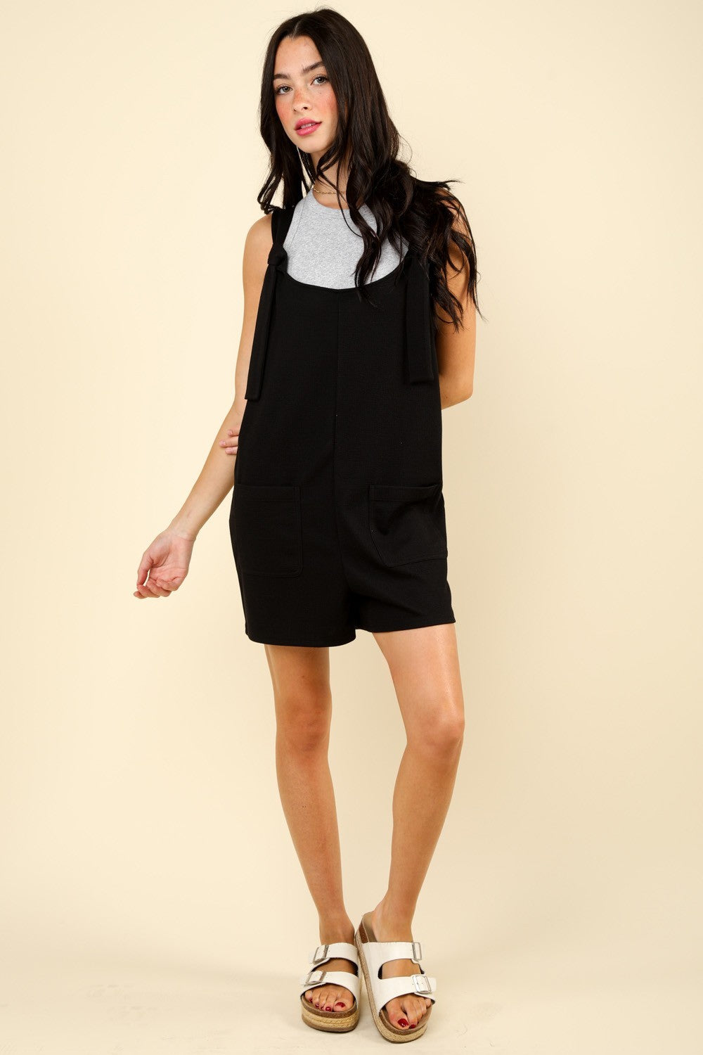 VERY J Tie Shoulder Front Pocket Romper-TOPS / DRESSES-[Adult]-[Female]-2022 Online Blue Zone Planet