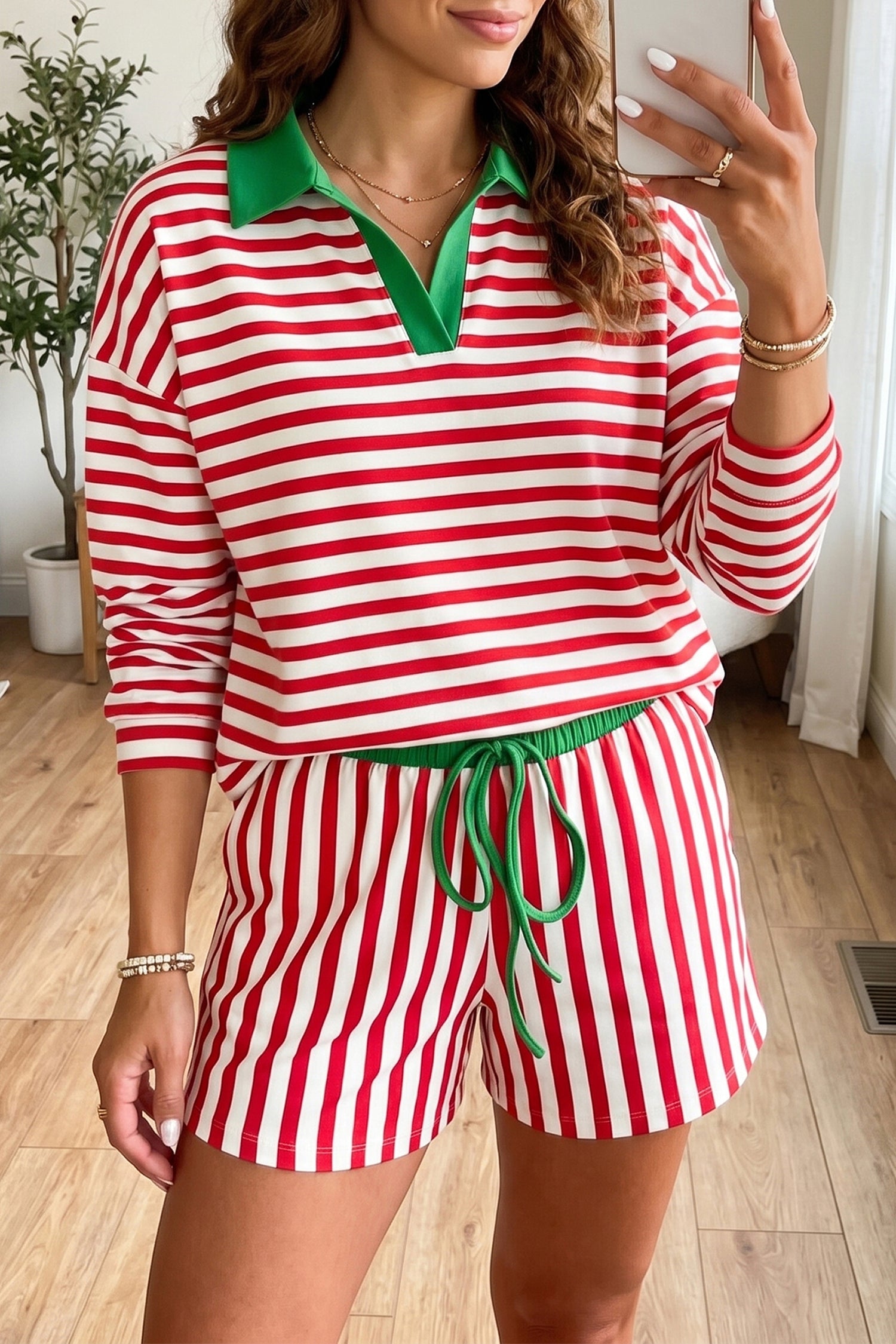 Red Stripe Colorblock Trim Polo Collar Drawstring Elastic Waist Band Casual 2pcs Outfit-Two Piece Sets/Short Sets-[Adult]-[Female]-Red Stripe-S-2022 Online Blue Zone Planet