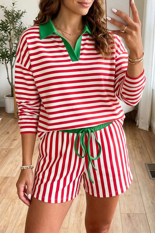 Red Stripe Colorblock Trim Polo Collar Drawstring Elastic Waist Band Casual 2pcs Outfit-Two Piece Sets/Short Sets-[Adult]-[Female]-Red Stripe-S-2022 Online Blue Zone Planet
