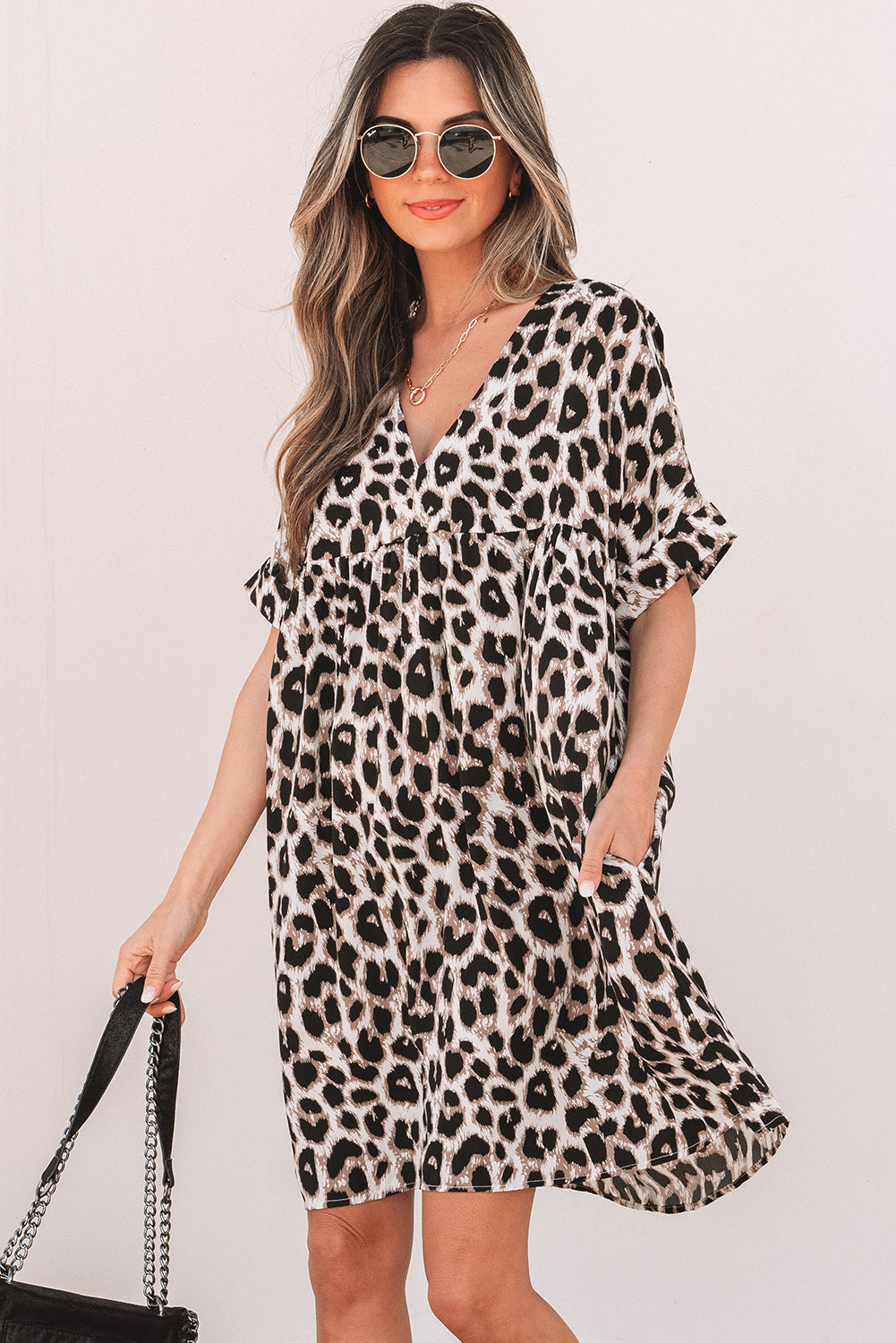Khaki Cheetah Print Backless V Neck Loose Fit Mini Dress-TOPS / DRESSES-[Adult]-[Female]-2022 Online Blue Zone Planet