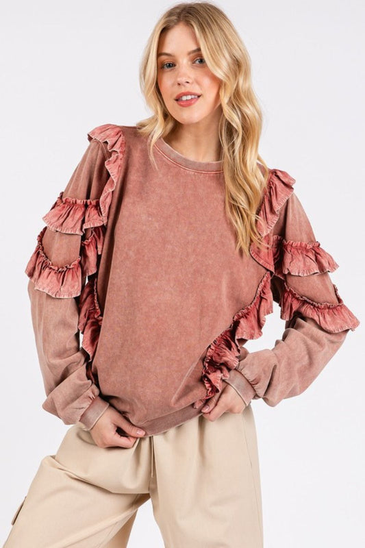 Mittoshop Ruffled Mineral Washed Round Neck Long Sleeve Sweatshirt-TOPS / DRESSES-[Adult]-[Female]-2022 Online Blue Zone Planet