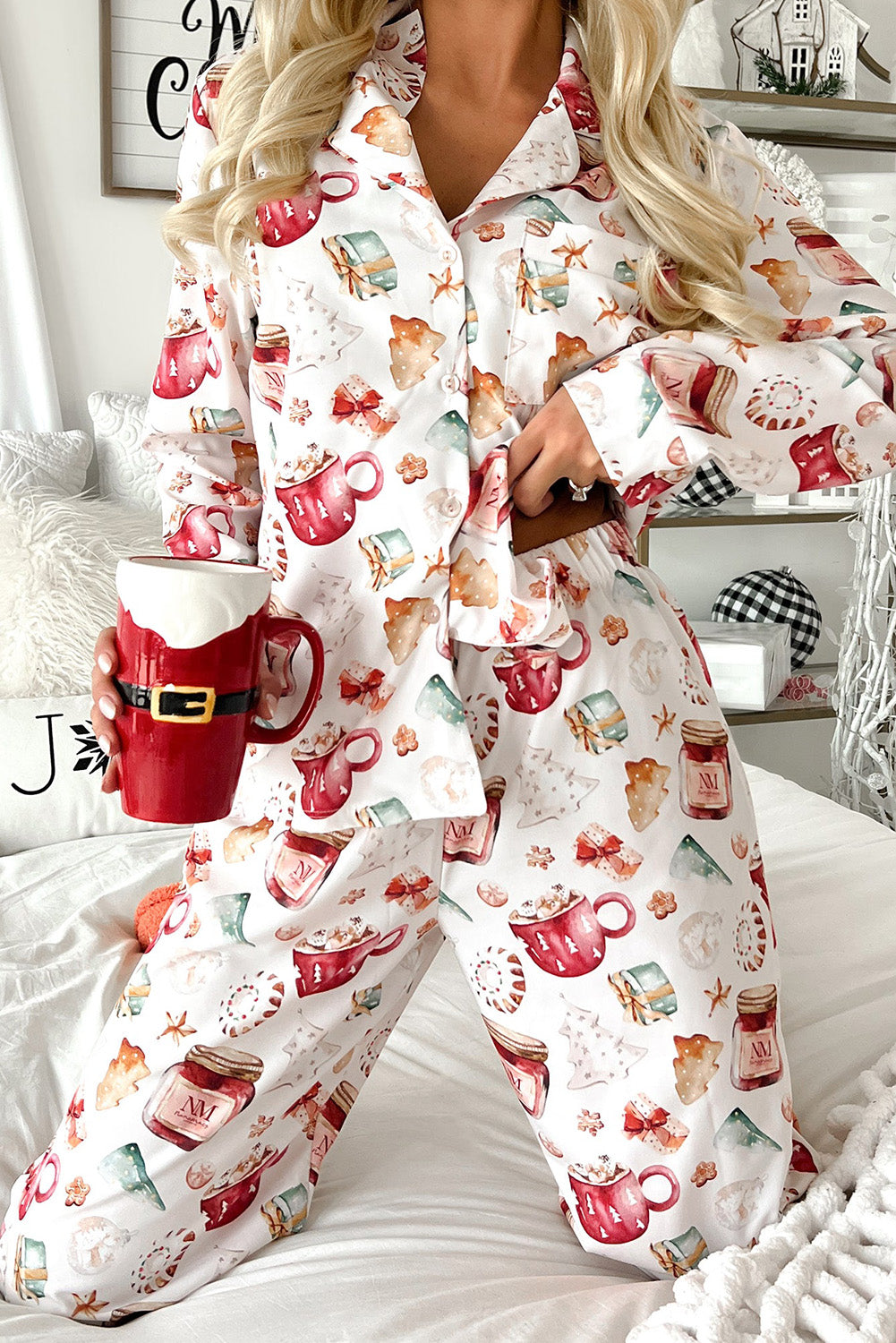 White Christmas Pattern Long Sleeve Shirt and Pants Pajama Set-Loungewear & Sleepwear/Sleepwear-[Adult]-[Female]-White-S-2022 Online Blue Zone Planet