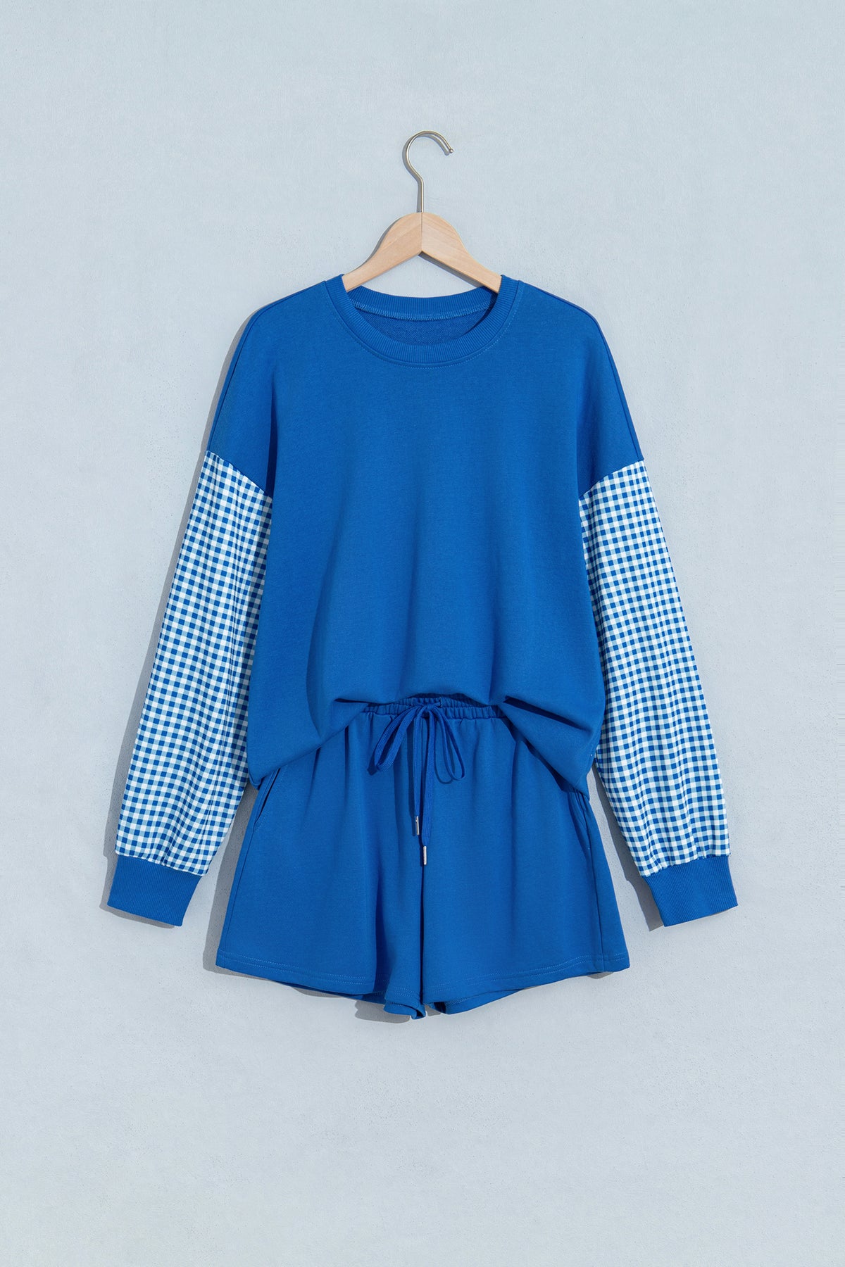 Blue Plaid Patchwork Long Sleeve Top Solid Drawstring Shorts Set-Two Piece Sets/Short Sets-[Adult]-[Female]-2022 Online Blue Zone Planet
