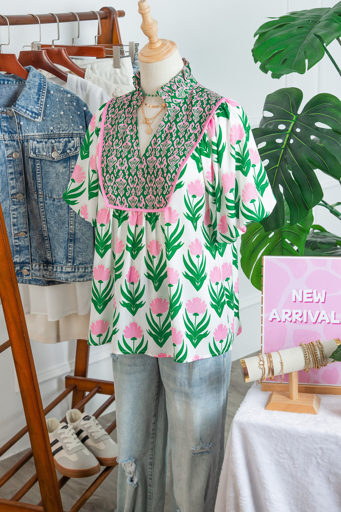 Multicolour Floral Print Puff Sleeve Contrast Bordered V Neck Blouse-Tops/Blouses & Shirts-[Adult]-[Female]-2022 Online Blue Zone Planet