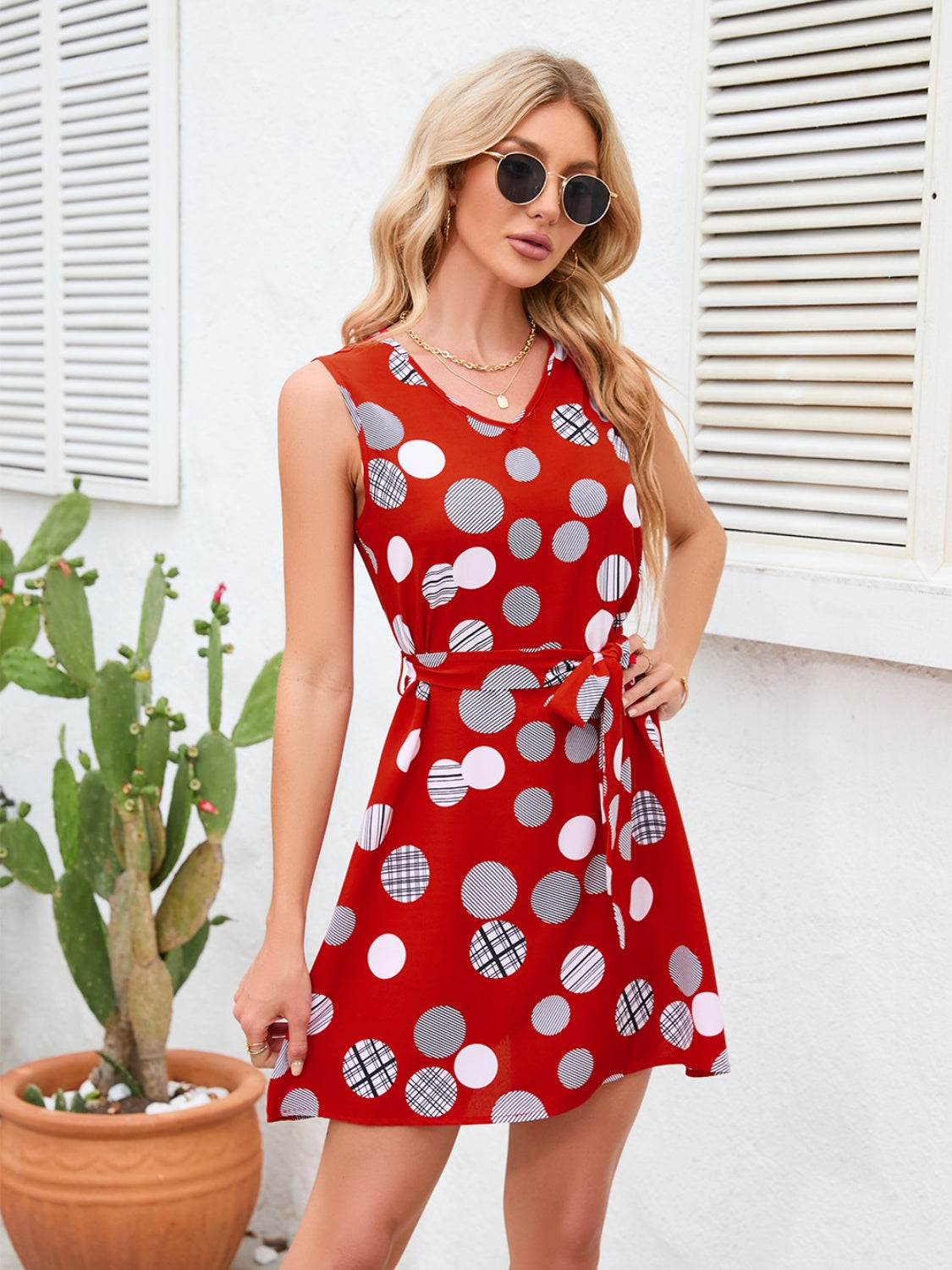 Tied Polka Dot V-Neck Dress-TOPS / DRESSES-[Adult]-[Female]-Deep Red-S-2022 Online Blue Zone Planet