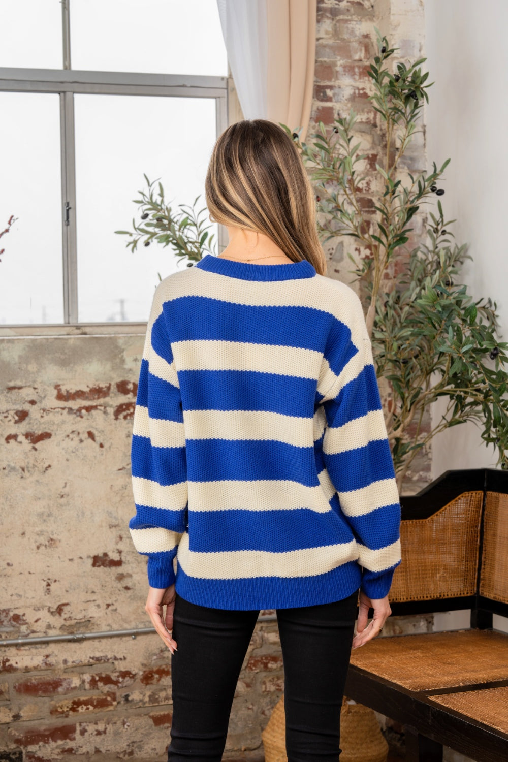 Sew In Love Full Size Contrast Striped Round Neck Sweater-TOPS / DRESSES-[Adult]-[Female]-2022 Online Blue Zone Planet