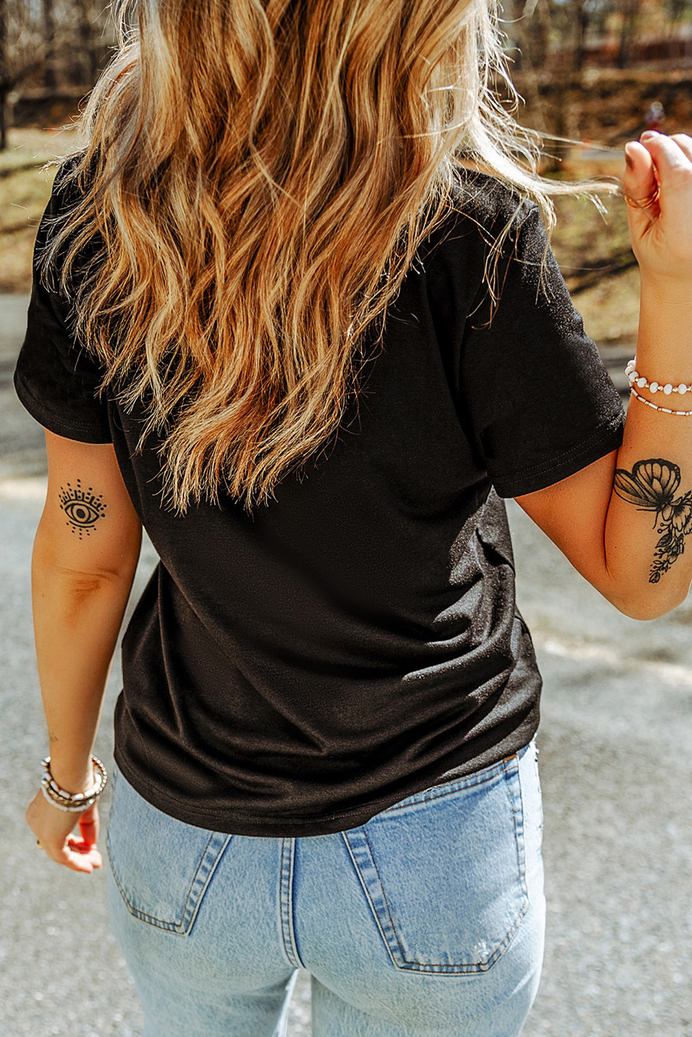 Black Rhinestone Xoxo Heart Graphic Crewneck Tee-Graphic/Graphic Tees-[Adult]-[Female]-2022 Online Blue Zone Planet
