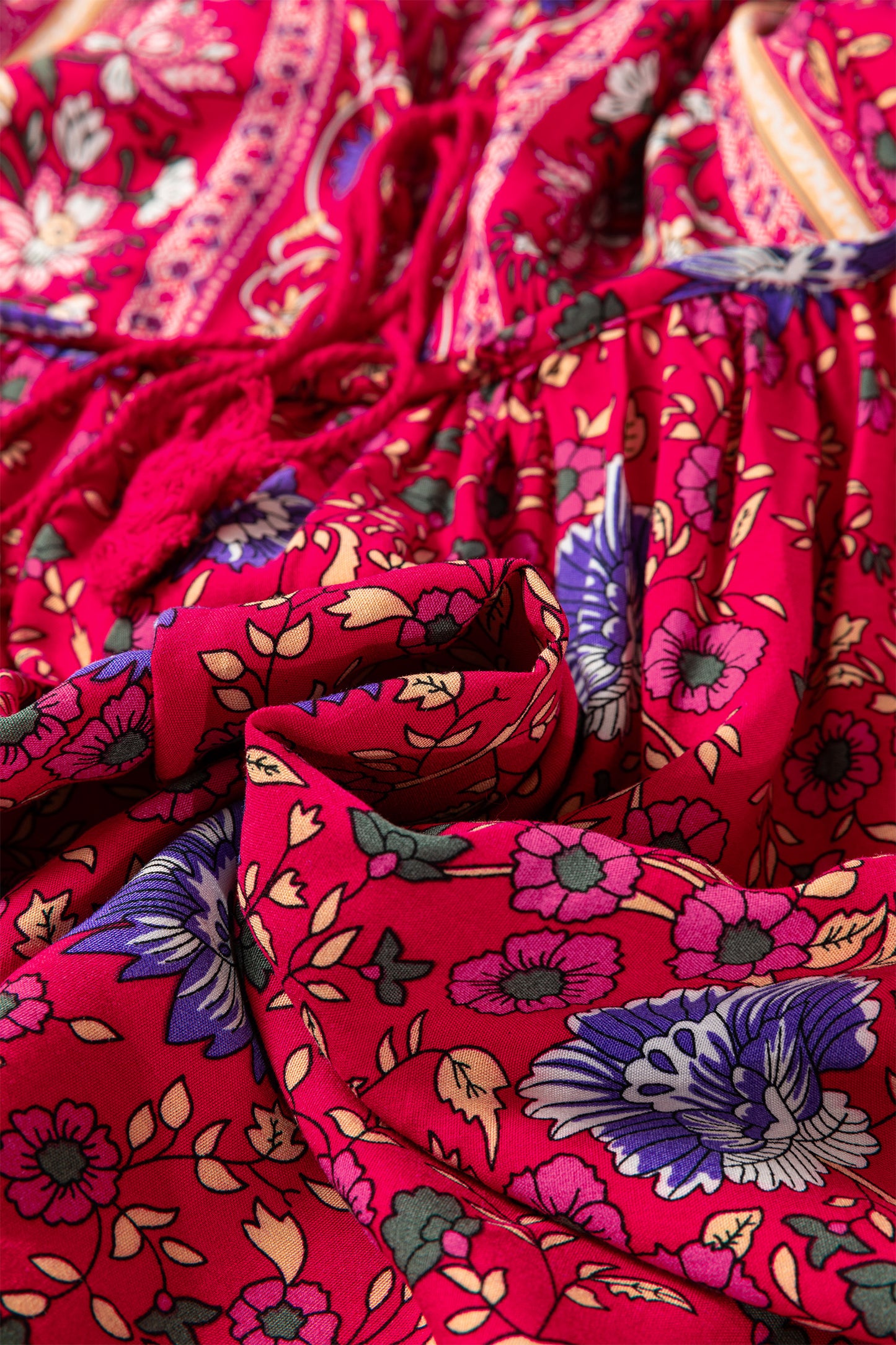 Blue Bohemian Floral Print Tassel Tie Front Long Sleeve Blouse-Tops/Blouses & Shirts-[Adult]-[Female]-2022 Online Blue Zone Planet