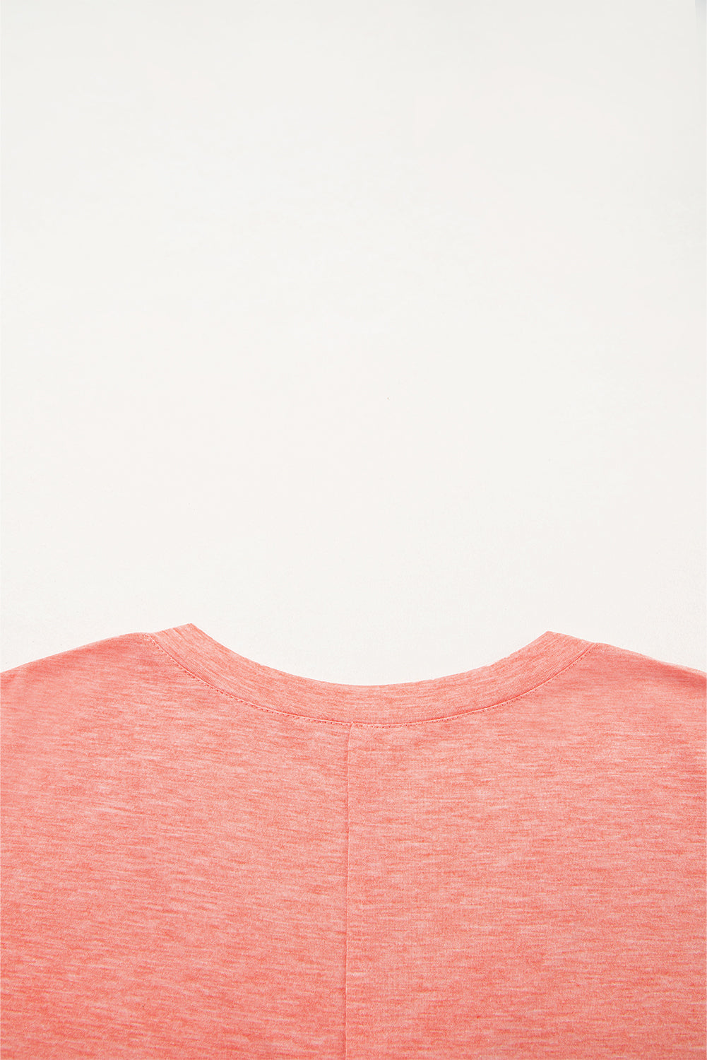 Fresh Salmon Floral Patchwork V Neck Long Sleeve T Shirt-Tops/Long Sleeve Tops-[Adult]-[Female]-2022 Online Blue Zone Planet